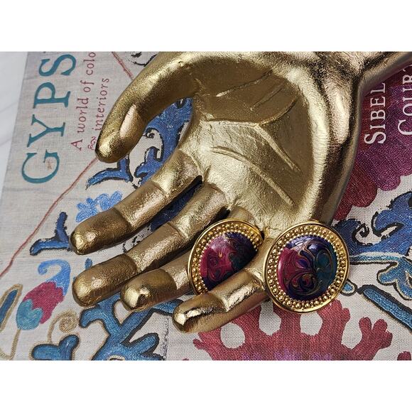 80s Womens Large Button Earrings Pierced Gold With Colorful Psychedelic Design - Picture 3 of 6
